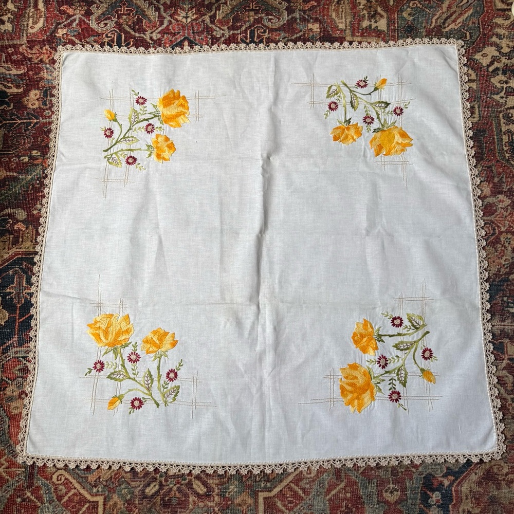 Vtg Embroidered Floral Tablecloth with Yellow Accents